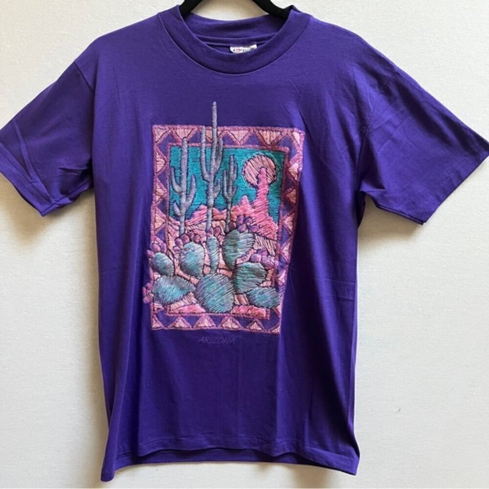 Vintage Hanes Arizona Desert Cactus Textured Graphic T-Shirt Purple M